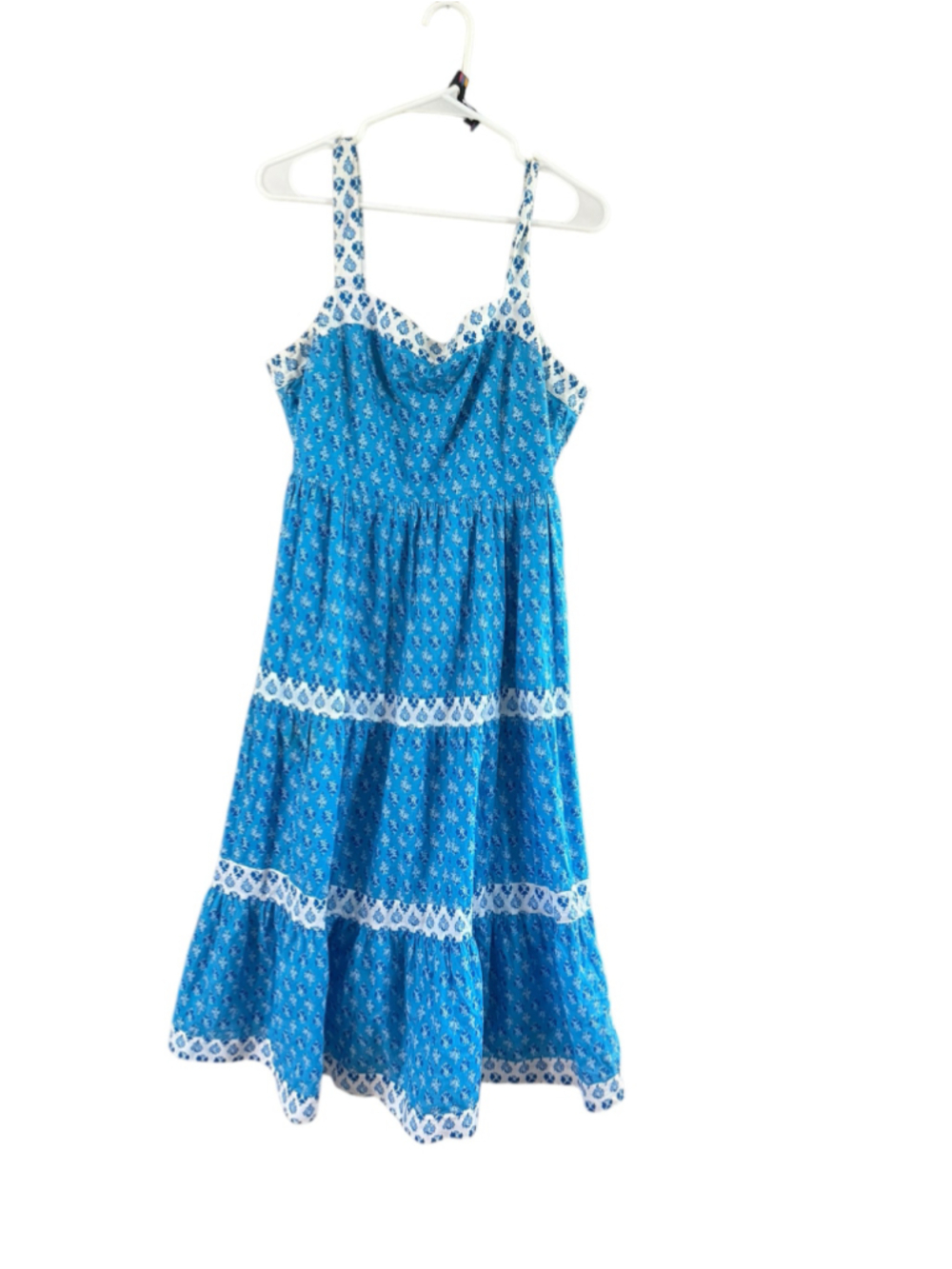 Women's J.Crew Midi Dress Size 12 Blue White Floral Cotton Tiered - Picture 9 of 10